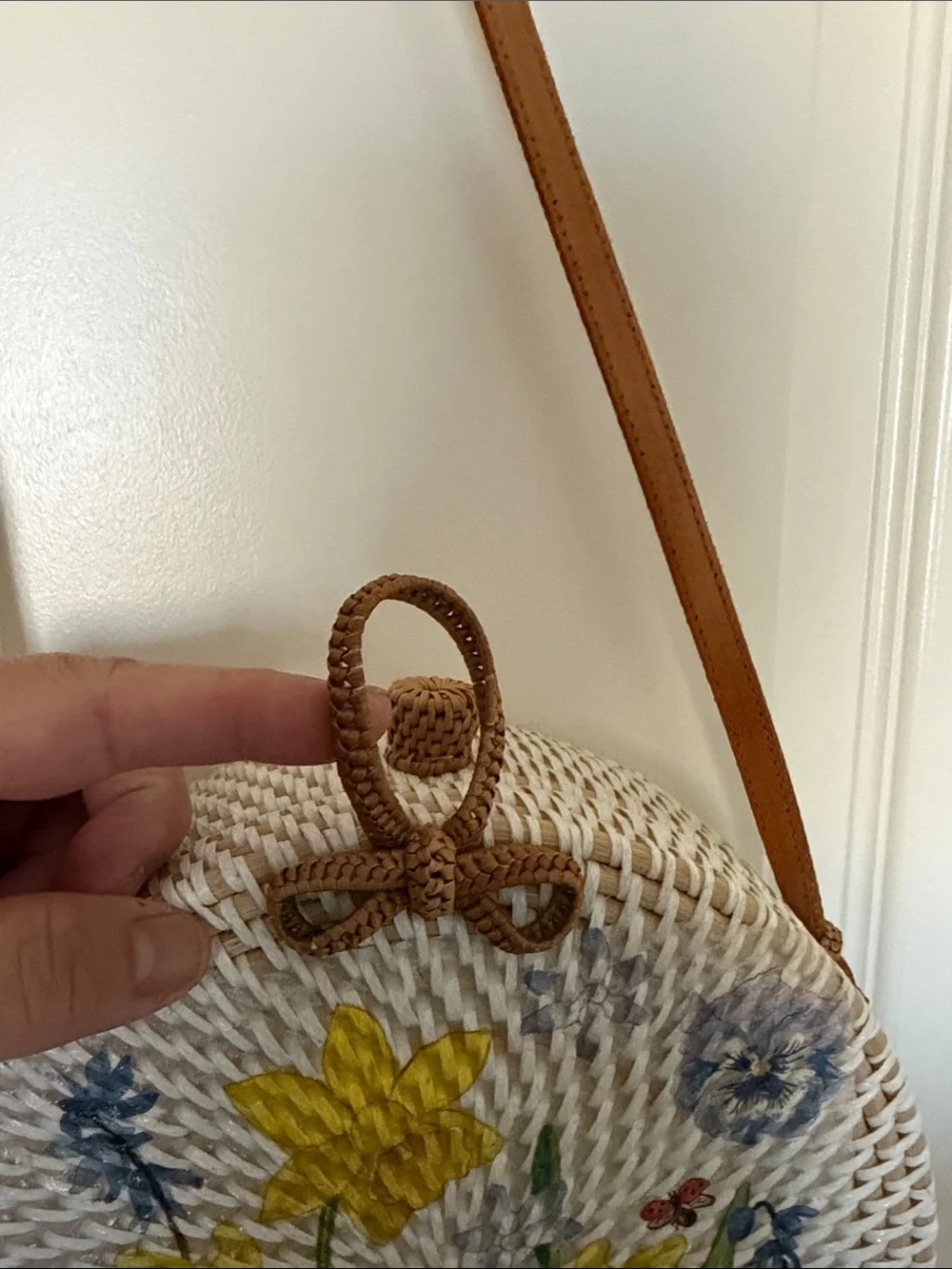 Round Straw Crossbody Bag with Yellow Floral Embroidery. 8x8 in., 24in strap
